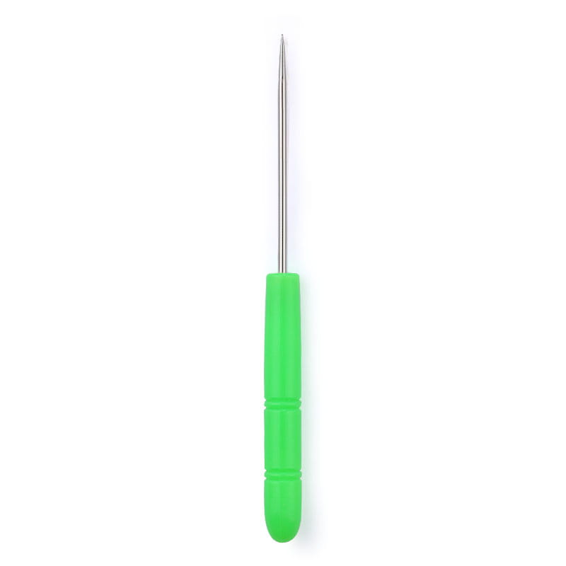 Bright green plastic-handled beading awl tool with a slender stainless steel needle for jewelry making.