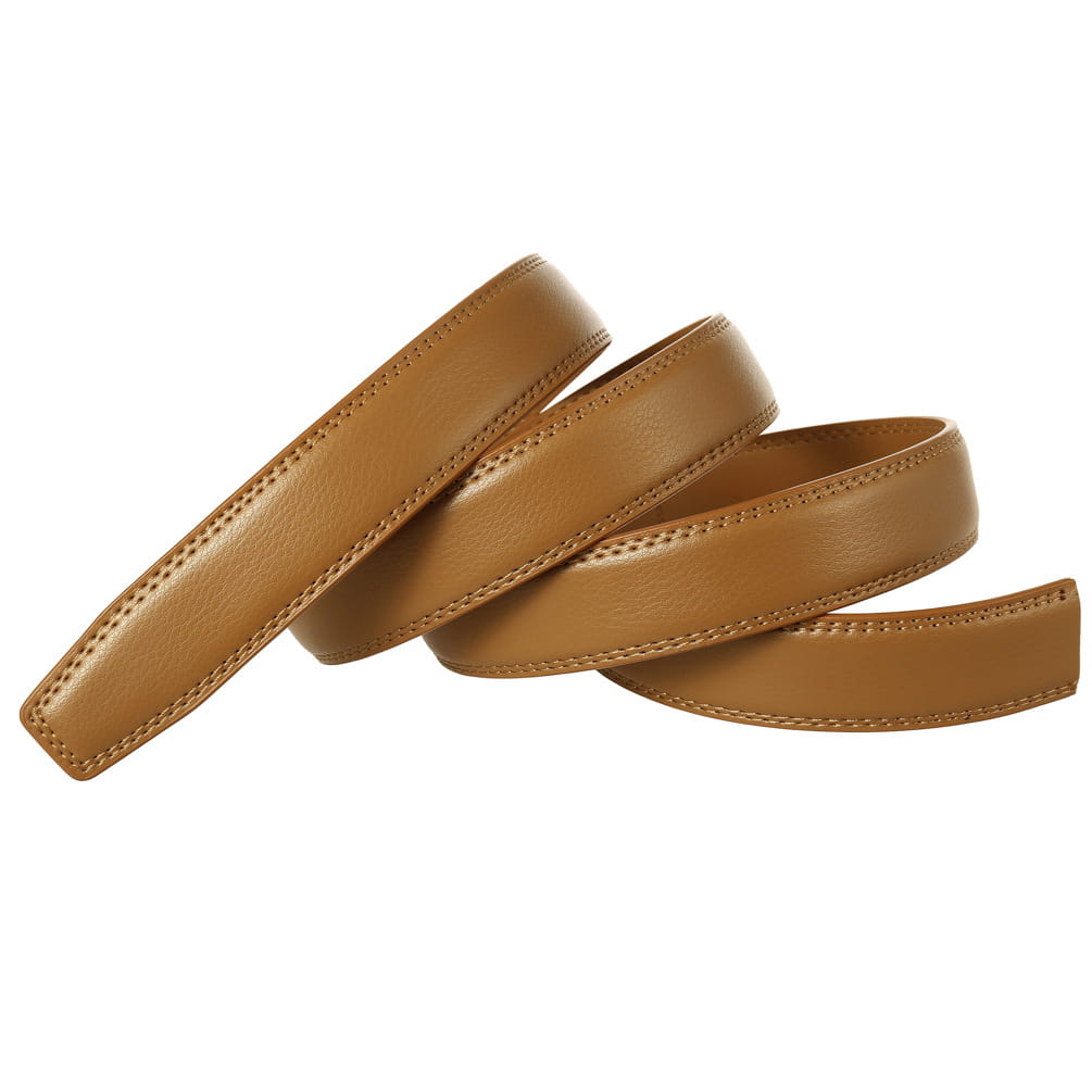 Sangle de ceinture en cuir véritable pour homme de 3,1 cm en couleur beige (tan), avec une couture soignée le long des bords.
