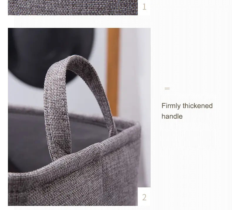 Gray woven fabric foldable laundry basket with sturdy thickened handle designed for versatile storage baskets use.