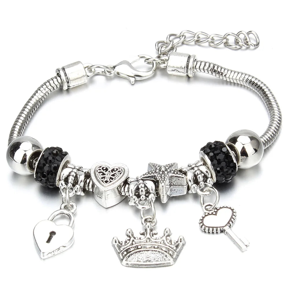 Charm Bracelet & Bangles Jewelry 6 Color Clay Zircon Ball Crown key lock Shape Beads Bracelets For Women Girl Friendship Gift