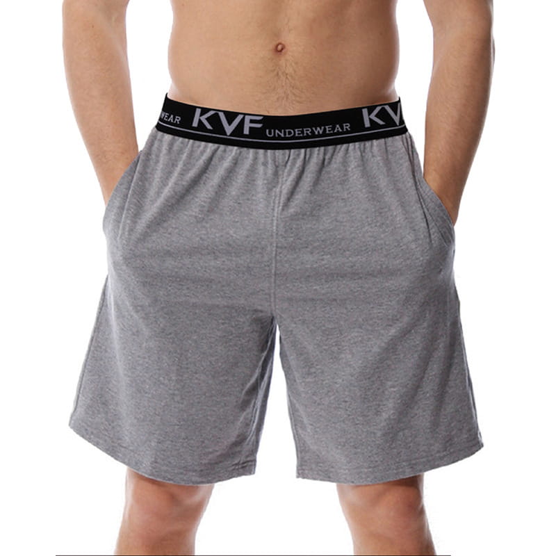 Men cotton boxer shorts in gray heathered fabric with a black elastic waistband featuring kvf underwear branding, designed for loose casual lounge and gym jogging use.