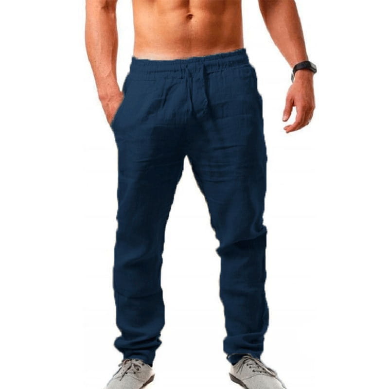 Navy blue men cotton linen casual trousers featuring an elastic waistband and drawstring for comfort.