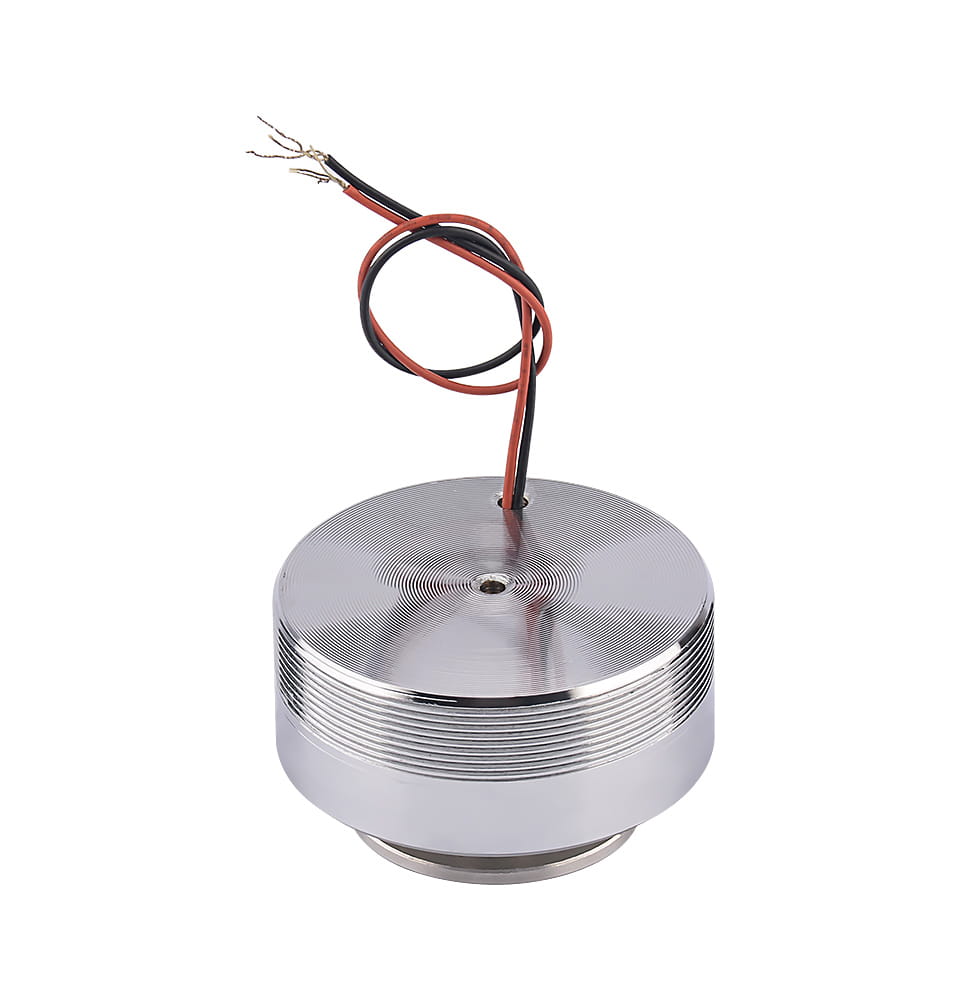 Aiyima 25w full range sound exciter speaker featuring a silver cylindrical electromagnetic actuator with brushed metal finish and two exposed red and black wires.