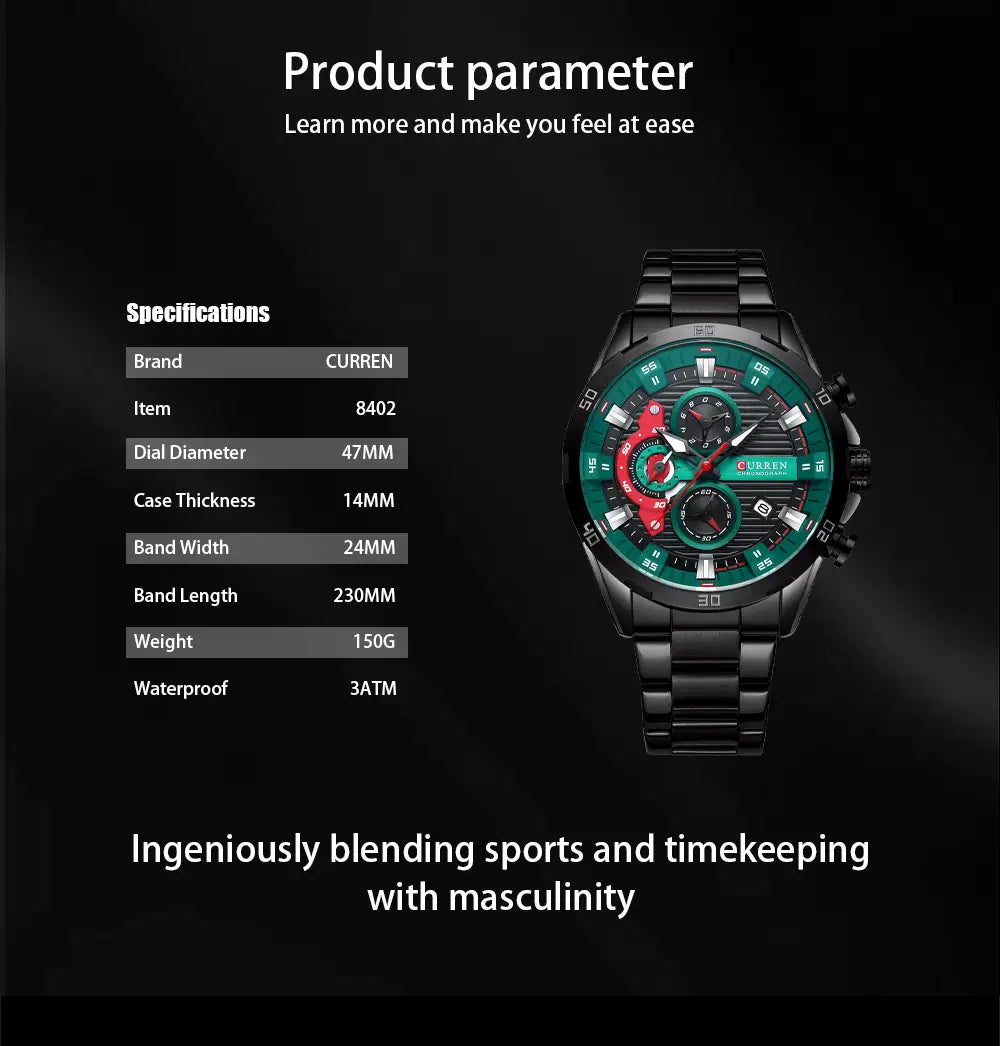 Curren men black green chronograph stainless steel watch with a black metal case and a vibrant green and red dial featuring multiple subdials and bold numerals.