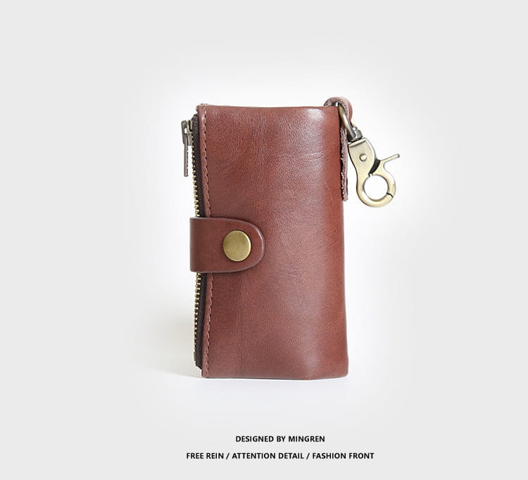 Brown leather key chain wallet for men featuring a brass button closure and metal clasp.
