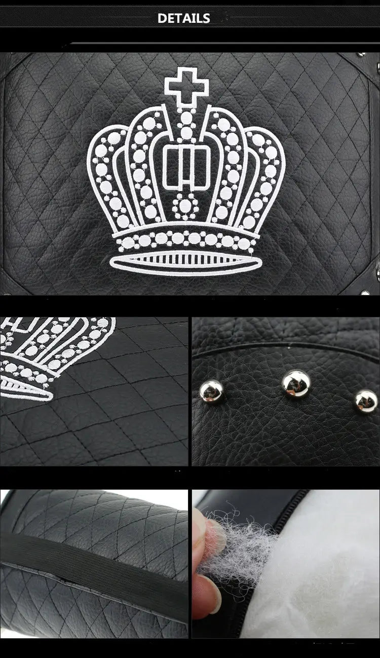 Black quilted leather car seat cover featuring a white embroidered crown with rhinestone embellishments and silver-toned studs from the crown leather car steering wheel cover set.