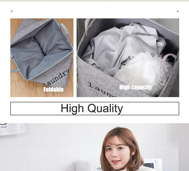Gray fabric foldable laundry basket with reinforced handles and matching interior lining for versatile storage baskets use.