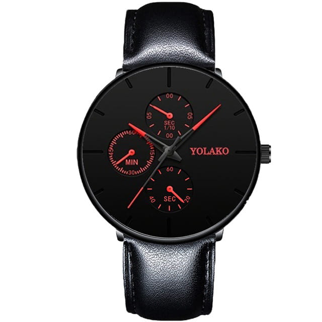 Montre à quartz ultrafine noire Yolako pour hommes, avec des aiguilles rouges et des sous-cadrans sur un bracelet en cuir noir.
