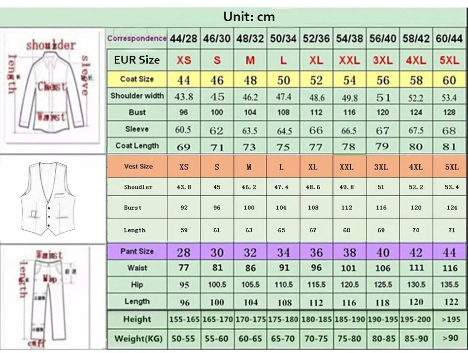 Tableau des tailles pour costume 3 pièces coupe slim pour homme, taille standard, indiquant les mensurations du corps en centimètres pour les tailles de XS à 5XL, adapté à l’expédition directe (drop shipping) et garantissant une sélection précise de la taille standard.