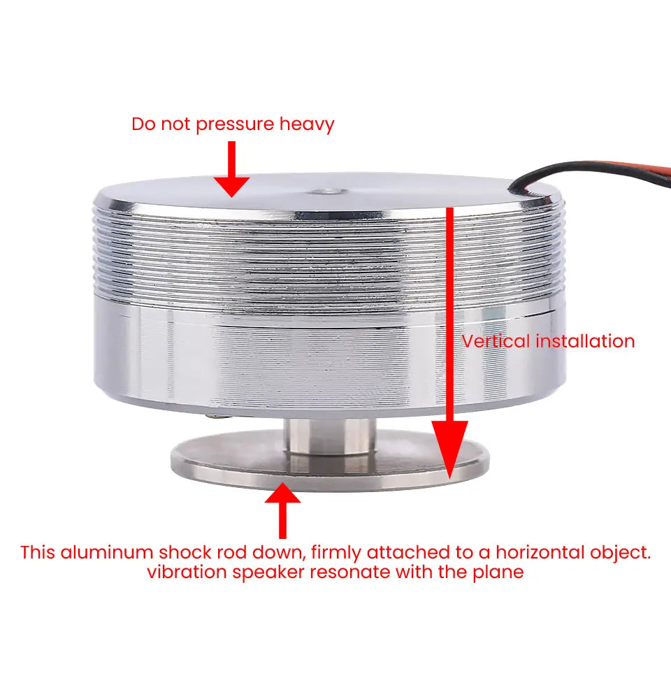 Aiyima 25w full range sound exciter speaker with silver aluminum threaded cylindrical body and attached wiring.