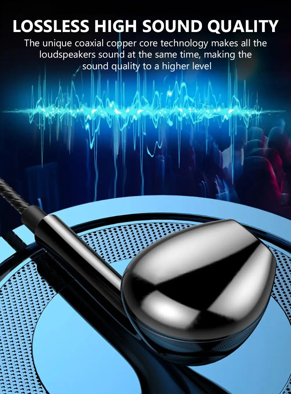 Black wired earphones with mic and bass stereo feature a glossy metallic finish and an ergonomic shape for comfortable wear.