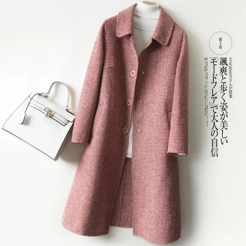 New Women Jacket Winter Woolen Coat Elegant Turn Down Collar Plaid Long Woolen Coat Single-breasted Warm Coat Casaco Feminino