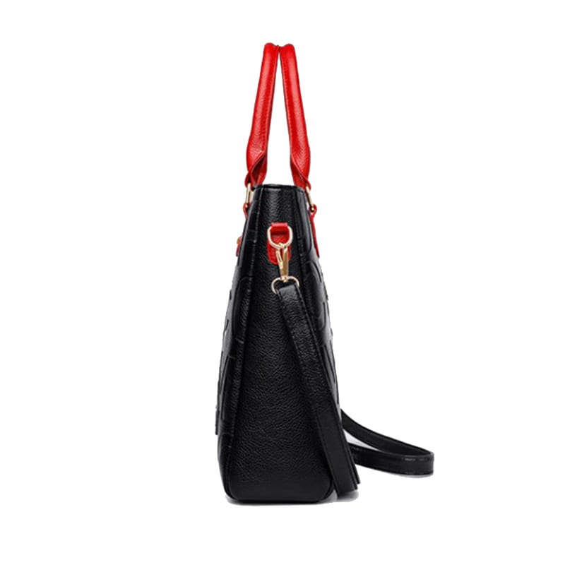 Black crossbody handbag style1 style2 in black crocodile-textured pu leather with vibrant red handles and gold-tone hardware.