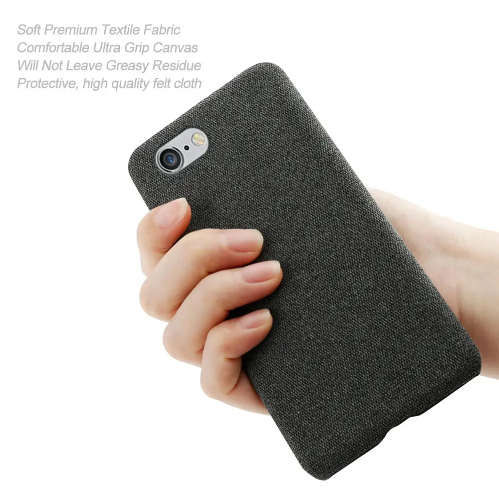 dark gray textured fabric phone case for iphone se 2016 with a subtle woven pattern and precise camera cutouts shown from the back side