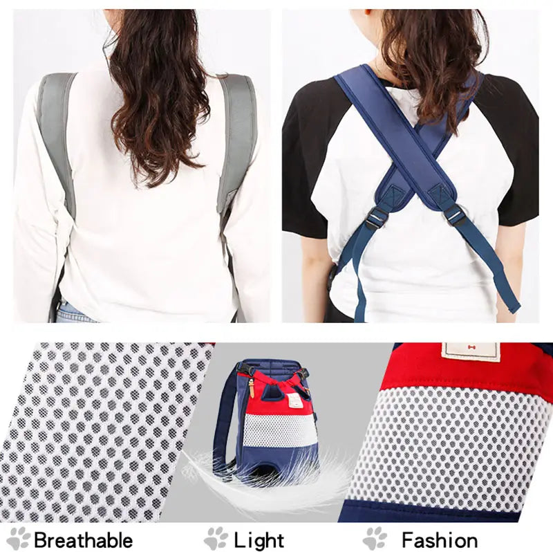 portador tipo mochila de malla azul y roja para perro mascota y gato con correas ajustables, diseñado para un transporte conveniente de la bolsa para perros y para su uso en viajes