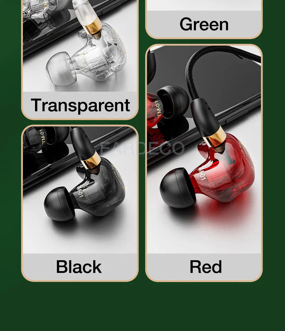 Casque d’écoute filaire vert émeraude à micro stéréo intra-auriculaire avec couleurs transparentes noir, rouge et vert, et accents dorés sur les oreillettes : fonctionnalités de casque améliorées.