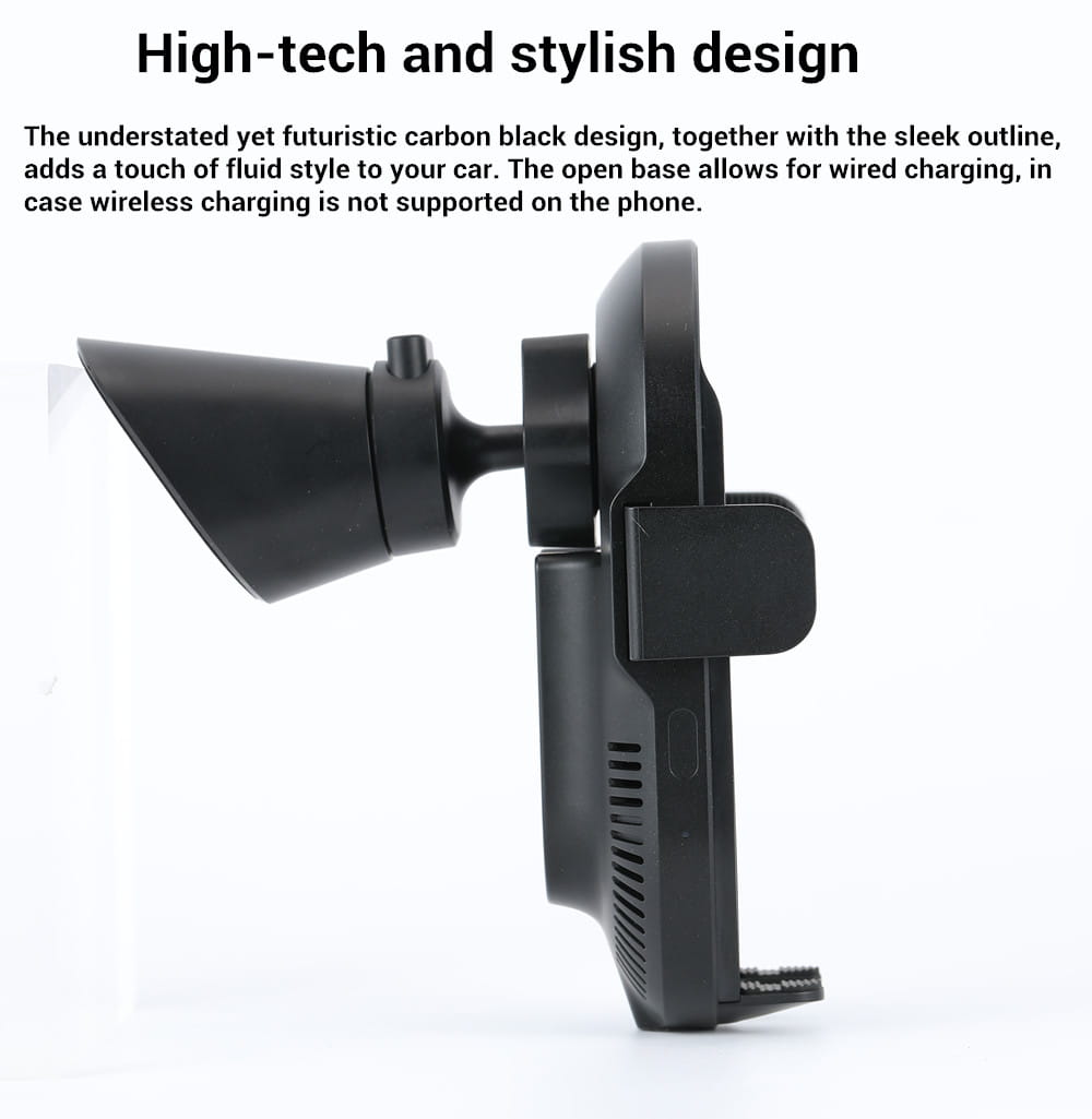 Black carbon fiber Huawei 50w wireless car charger phone mount with sleek futuristic design and open base for wired charging.