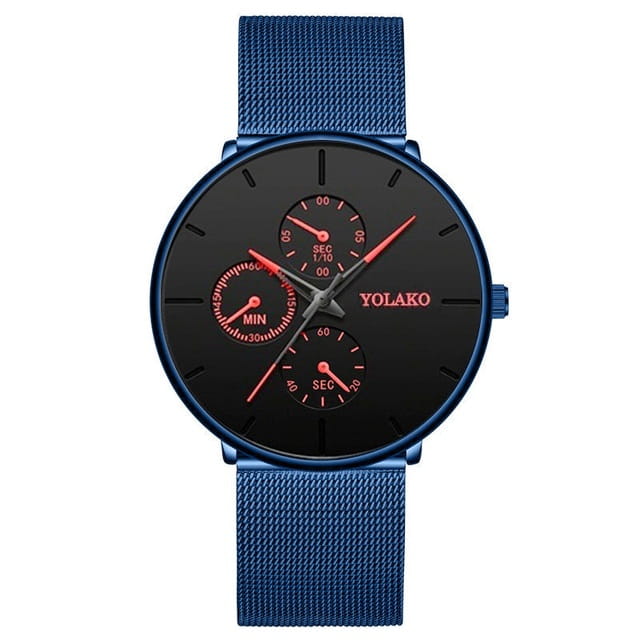 Montre à quartz à maille noire ultrafine pour hommes, avec une sangle en maille bleu, un cadran noir, des aiguilles rouges et des sous-cadrans comportant le nom de la marque Yolako.