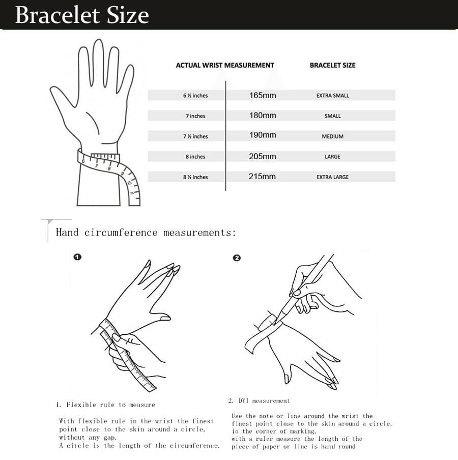 La imagen muestra un gráfico de medición de la muñeca con ilustraciones dibujadas a mano y tablas que enumeran tamaños de muñeca en pulgadas para el ajuste de pulseras, relacionado con el collar tipo gargantilla con circonita cz en forma de gota de lágrima.