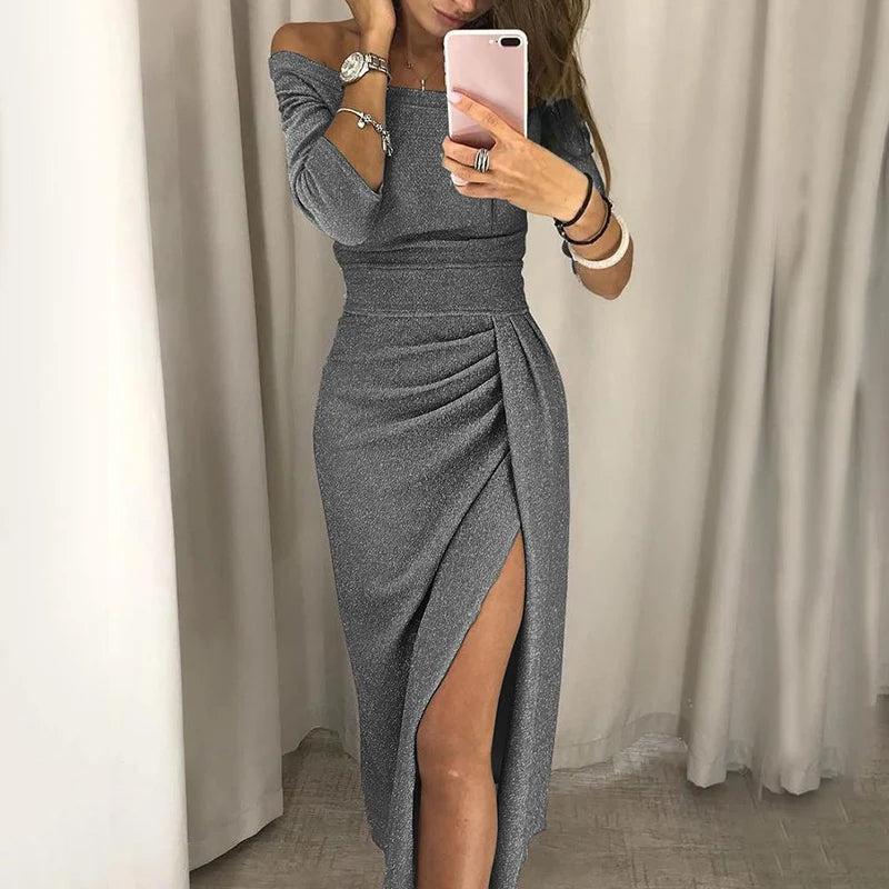 Fashion Elegant Lady Evening Party Dresses 2023 Autumn Women's Clothing Off Shoulder High Waist Sexy Club Slash Neck Midi Dress