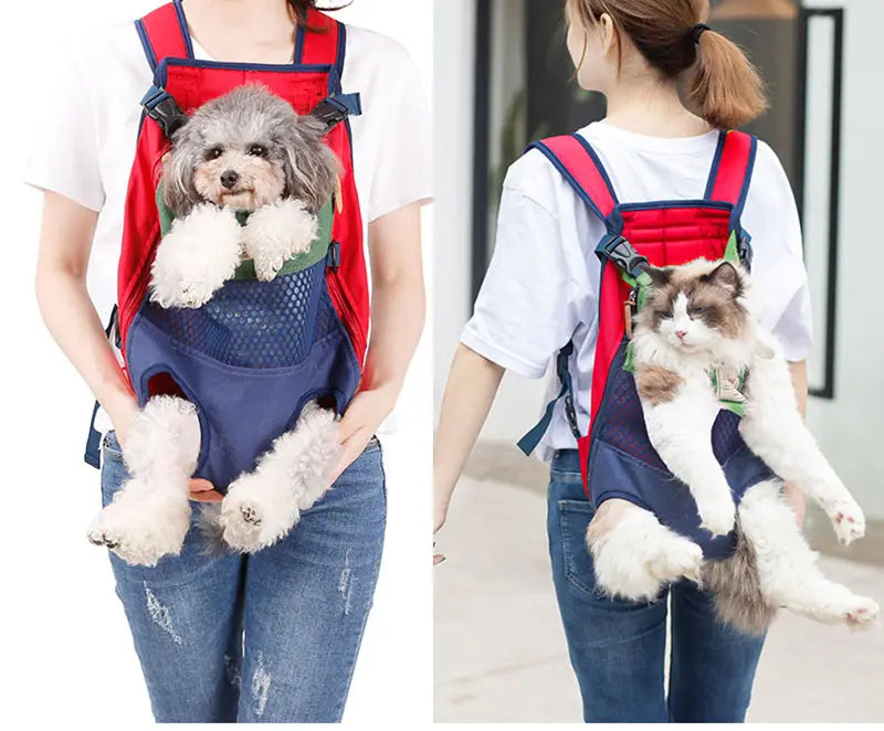 portador tipo mochila rojo y azul marino con correas ajustables y malla transpirable para perro mascota y gato para viajes y transporte de la bolsa para perros.