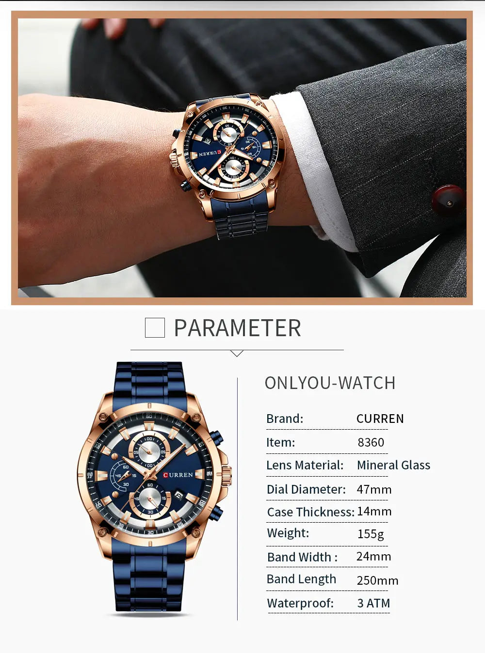 Elegante Chronographenuhr von Curren in Blau und Roségold mit Mineralglas-Zifferblatt, Edelstahlarmband und mehreren Hilfszifferblättern.