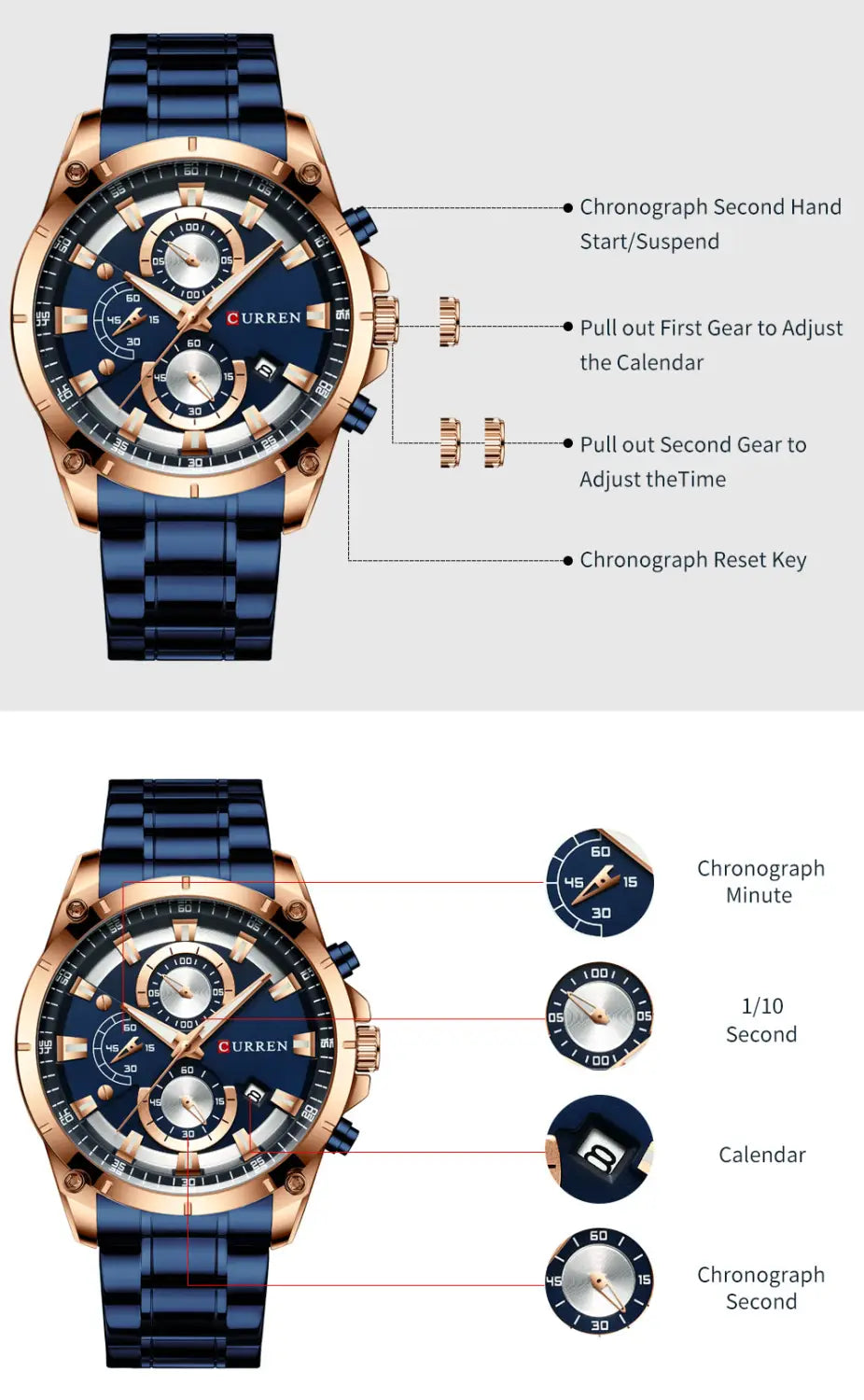 Chronographenuhr von Curren in Blau und Roségold mit Edelstahlarmband und goldfarbenen Akzenten.