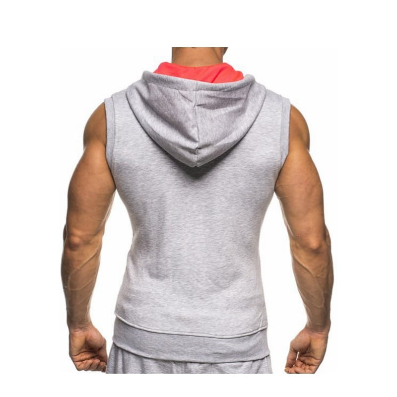 Men sleeveless zip hoodie gym tank top in gray with contrasting red inner lining and ribbed hem for activewear use.