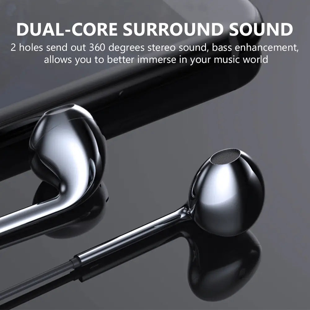 Black wired earphones with mic featuring a sleek metallic finish and dual-core surround sound design for enhanced bass stereo and wired headphones performance.