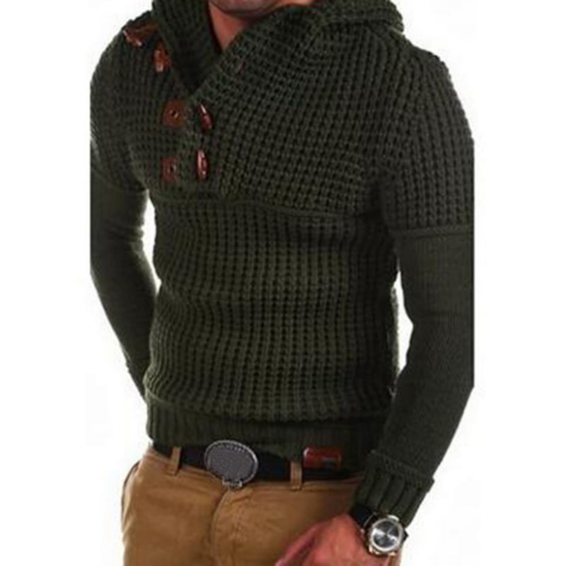 Herren-Waffelstrick-Kapuzenpullover in Dunkelgrün mit einem strukturierten Strickmuster und braunen Knopfdetails