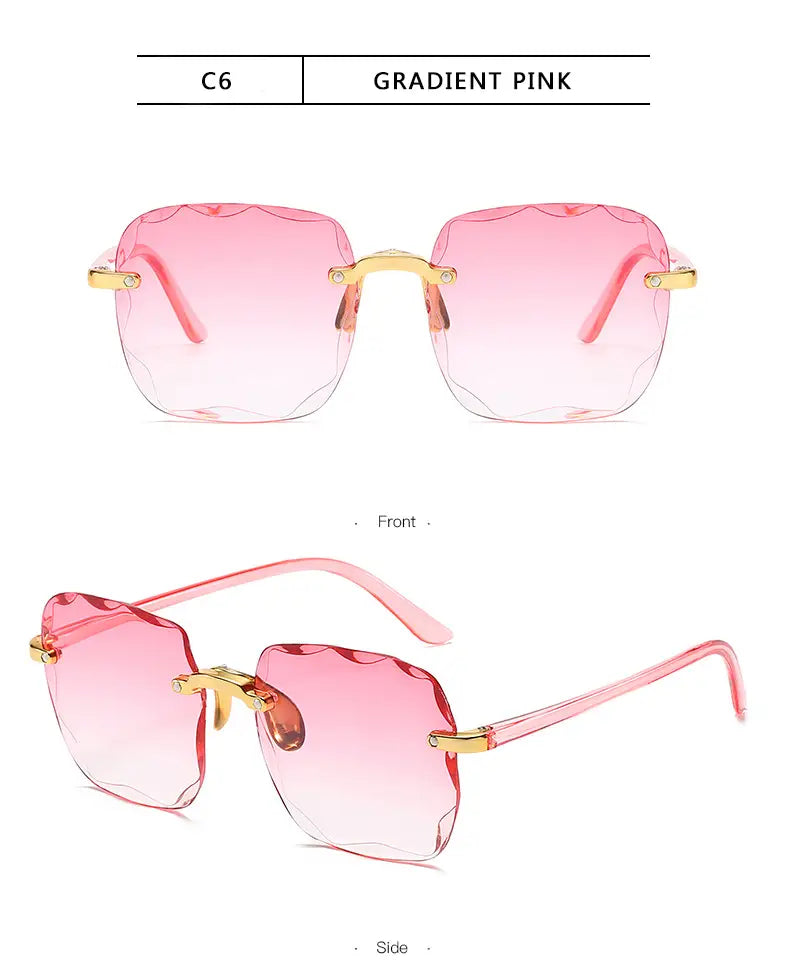 square gradient sunglasses for women featuring pink gradient lenses with brown square frames and gold-tone metal accents in a sleek modern design.