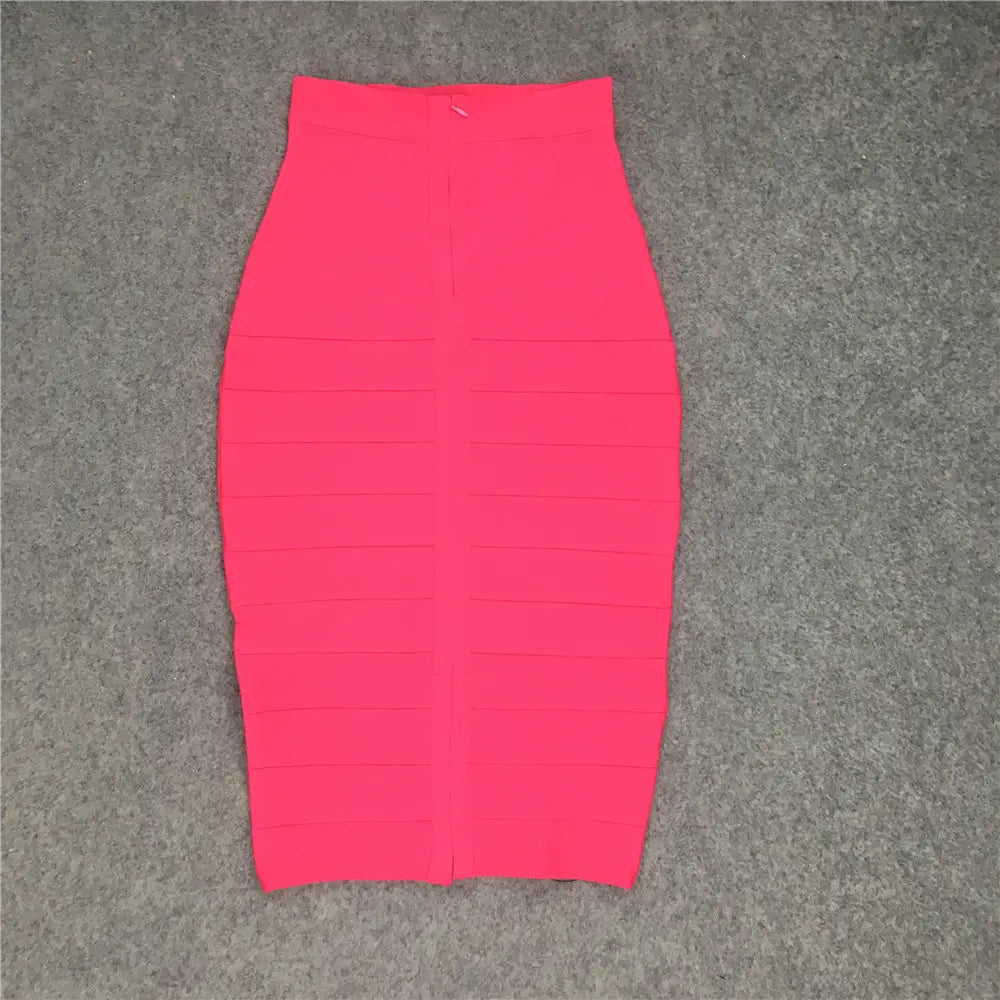 Jupe midi crayon bandeau pour femme rose vif, avec des détails côtelés horizontaux et une coupe taille haute.