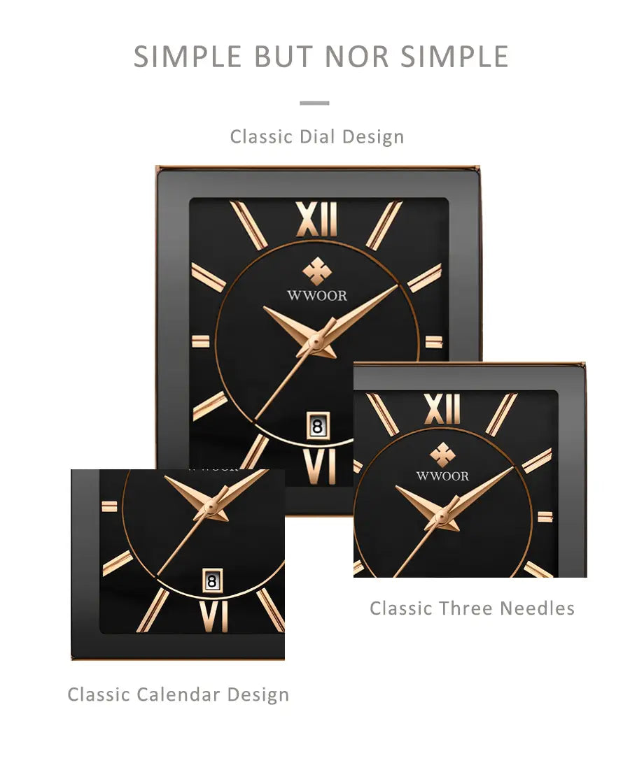 Black square wall clock by Wwoor with gold roman numerals and three hands featuring a classic dial design in luxury stainless steel.