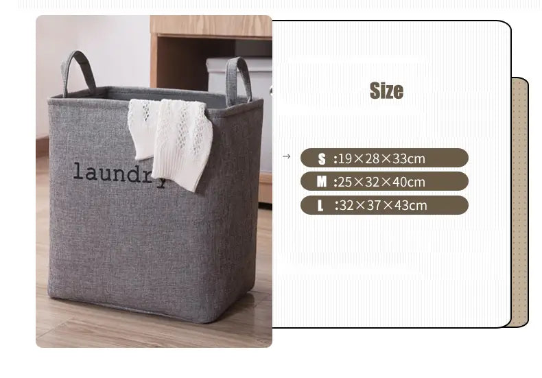 Gray woven fabric foldable laundry basket with black laundry lettering and two sturdy handles for efficient storage baskets use.