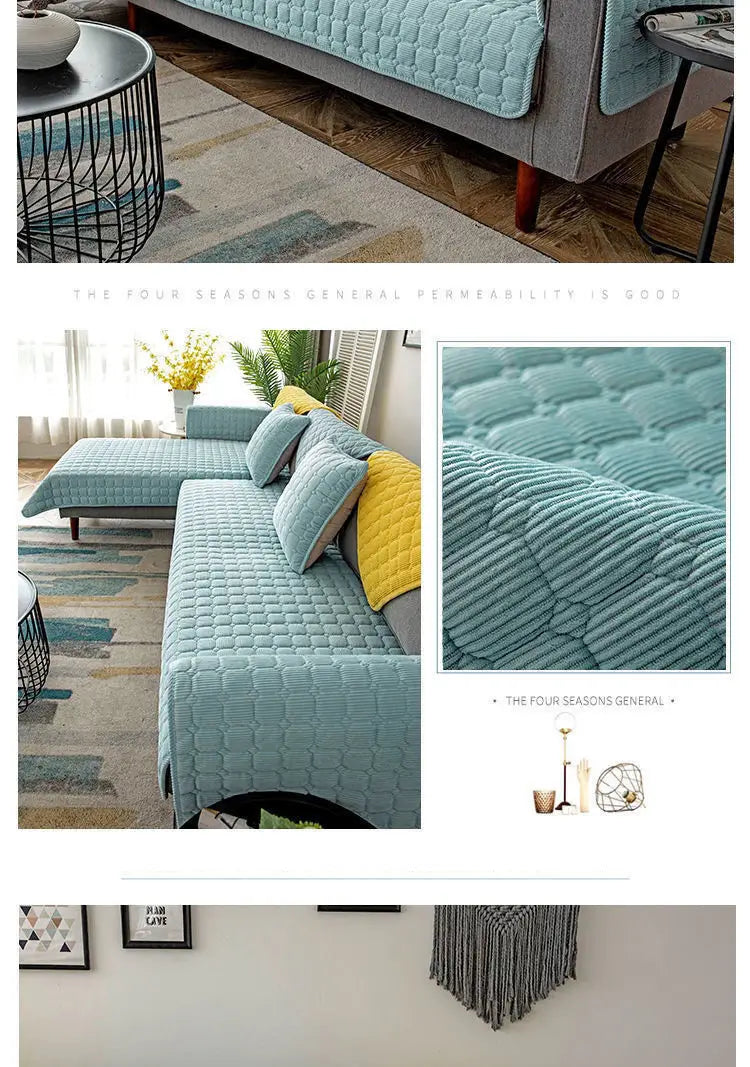 Housse de canapé d’angle antidérapante en velours côtelé matelassé vert d’eau présentant un motif en losange cousu en relief et une finition de tissu douce.