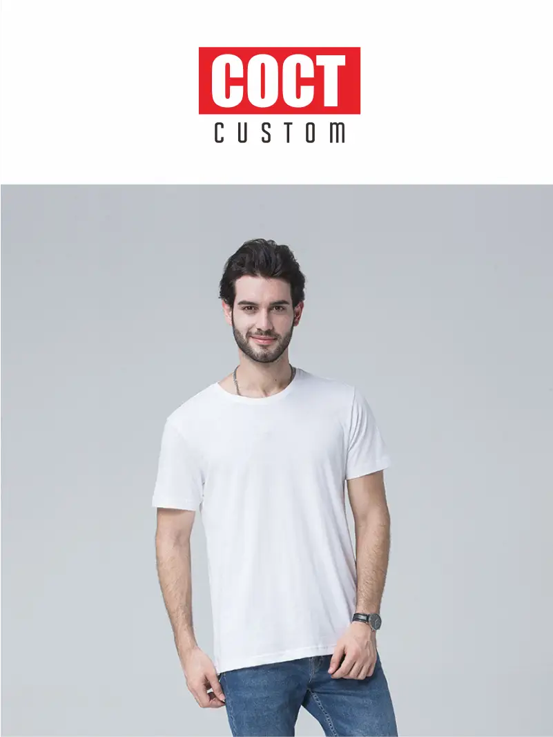 White cotton crew-neck cotton t shirt for men customized with personalized design and available size chart.