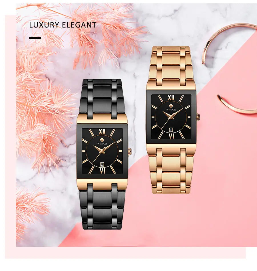 a pair of elegant wwoor blue square women watches featuring rectangular faces with roman numeral hour markers, one in black and gold with a sleek metallic band and the other in rose gold, both made of luxury stainless steel.