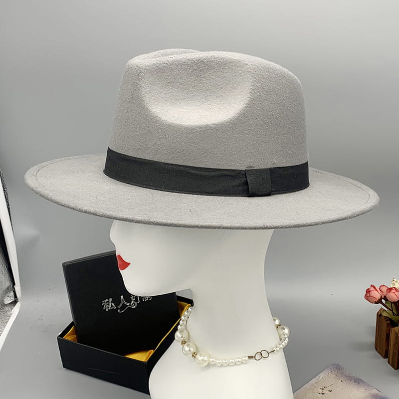gray woolen felt fedora hat with black ribbon band and feather accent designed for unisex use