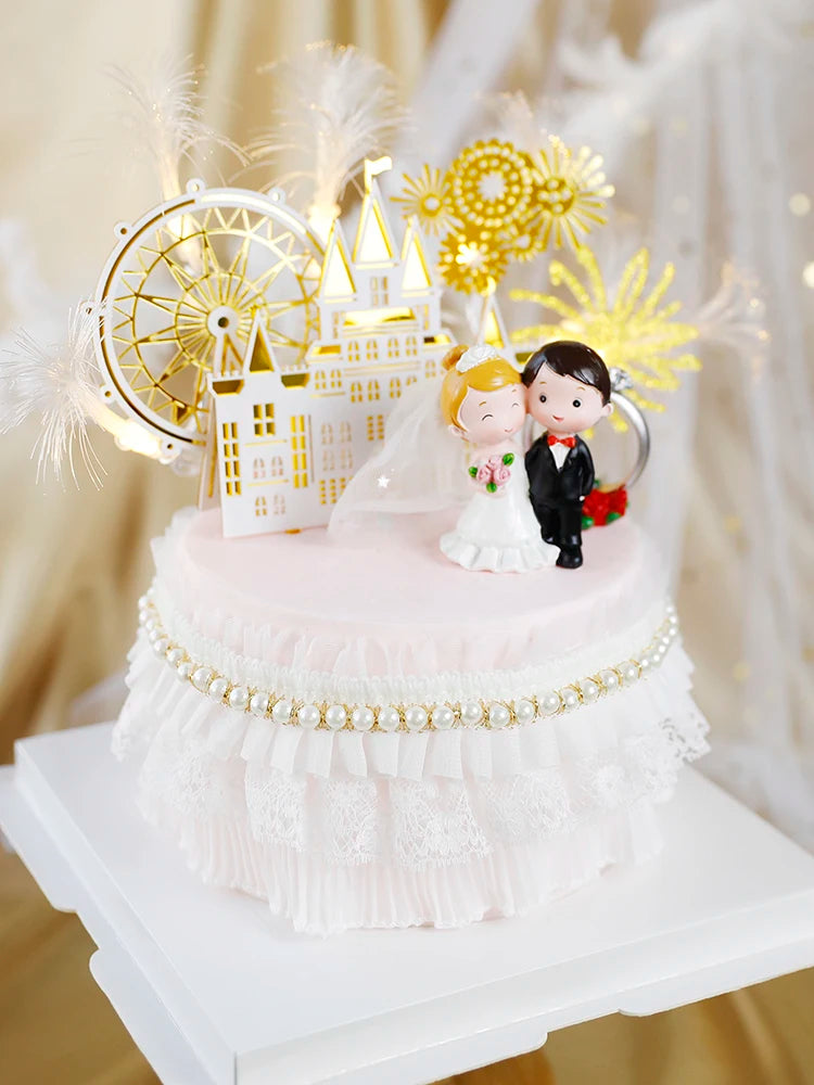 Happy Wedding  Anniversary Gold Castle Acrylic Cake Toppers  Bride Groom Mr Mrs Wedding Diamond Ring Cake Supplies Decoration