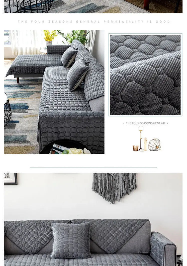 Housse de canapé d’angle antidérapante en velours côtelé matelassé grise avec motif en losange cousu