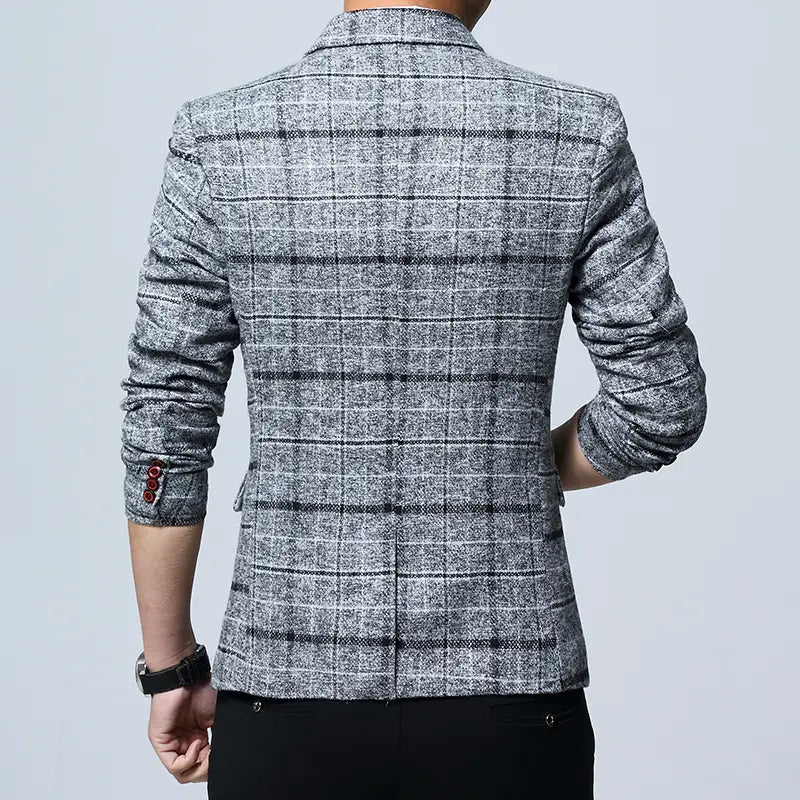 Veste de costume d’affaires en motif écossais pour homme, coupe slim, en laine grise et noire, avec manchettes à trois boutons.