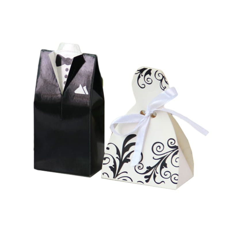 black tuxedo-themed glossy gift box with printed details from bride and groom wedding favor candy boxes set of 30 pieces