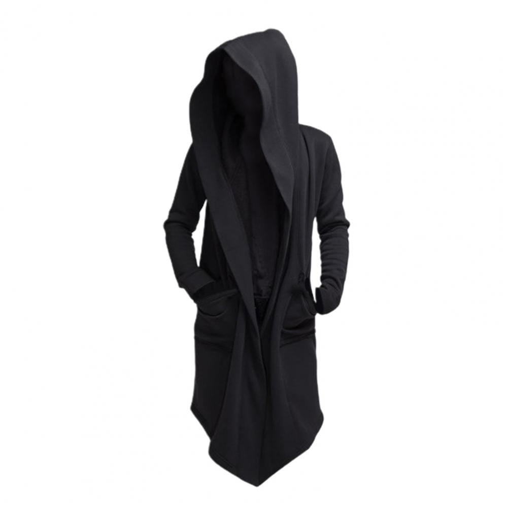 Capa larga gótica con capucha para hombre en negro, con un diseño moderno y elegante, bolsillos delanteros y estilo de abrigo largo con capucha.