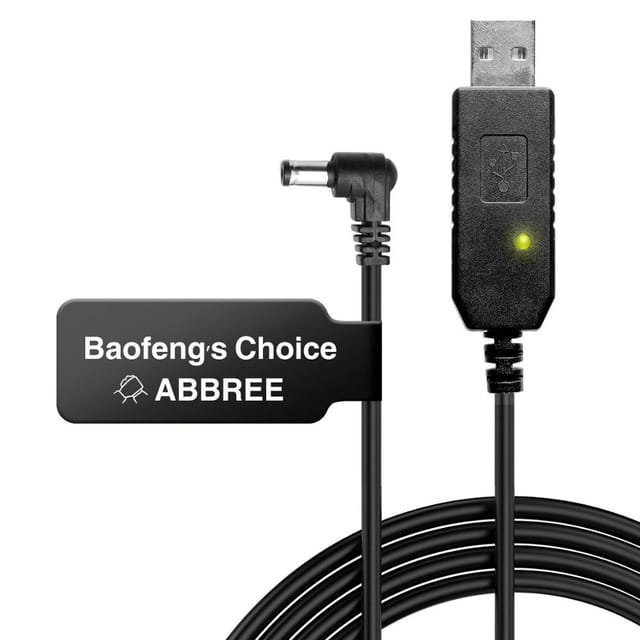 Black usb-to-dc power adapter cable with a 90-degree angled connector and illuminated green led indicator branded as baofengs choice by abbree for uv5r and baofeng uv-5r battery charger use.