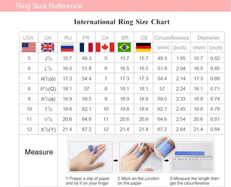 スターリングシルバーのスノーフレーク・ペンダントネックレスセット用の、複数の計測体系と国旗を含む国際リングサイズ対応表。