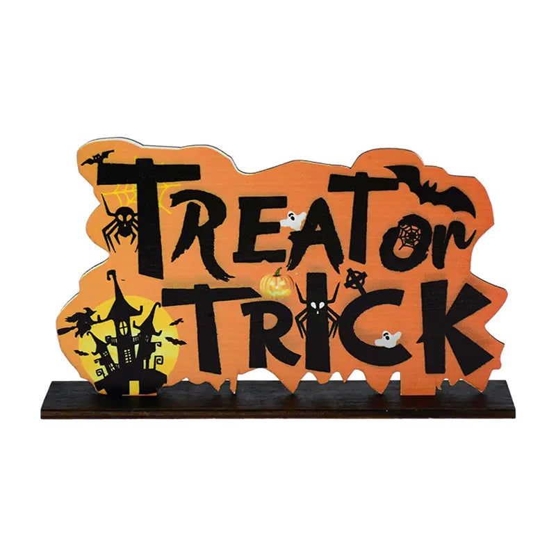 Orange- und schwarzes Halloween-Holz-Hänge-Schild mit Schriftzug „Süßes oder Saures“ sowie gruseligen Ausschnitten von Fledermäusen, Spinnen, einem Spukhaus und Kürbissen zur Türdekoration.