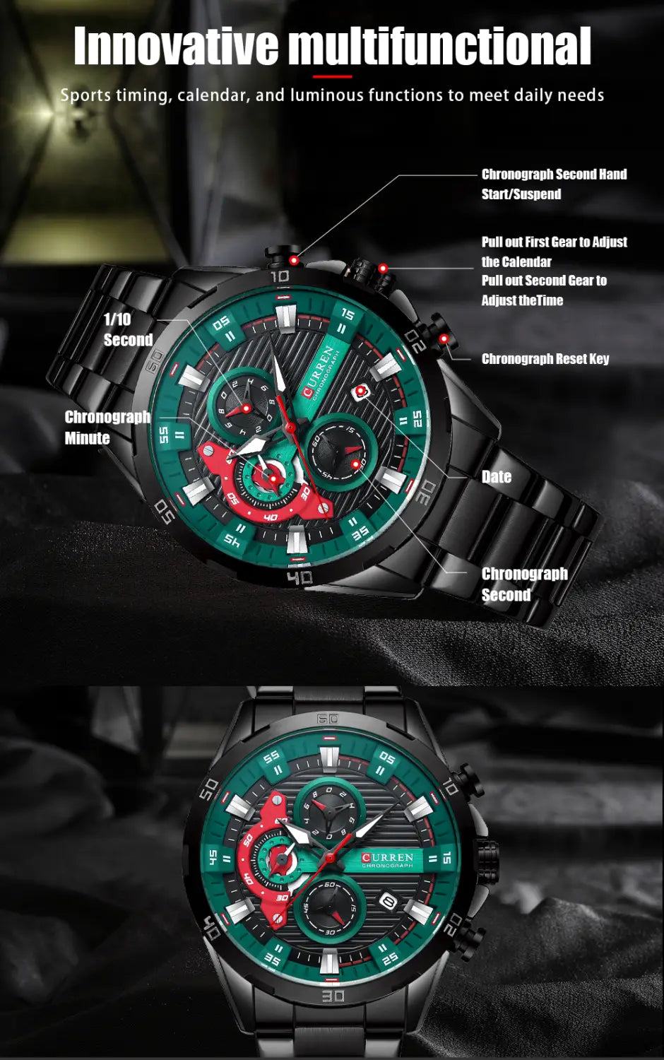 Curren men black green chronograph watch with red accents featuring a stainless steel band and case.
