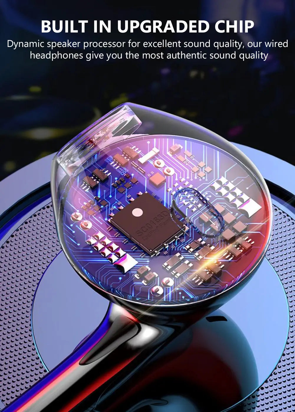 Wired earphones with mic and bass stereo featuring clear transparent housing revealing a detailed internal circuit board with glowing blue and purple accents.