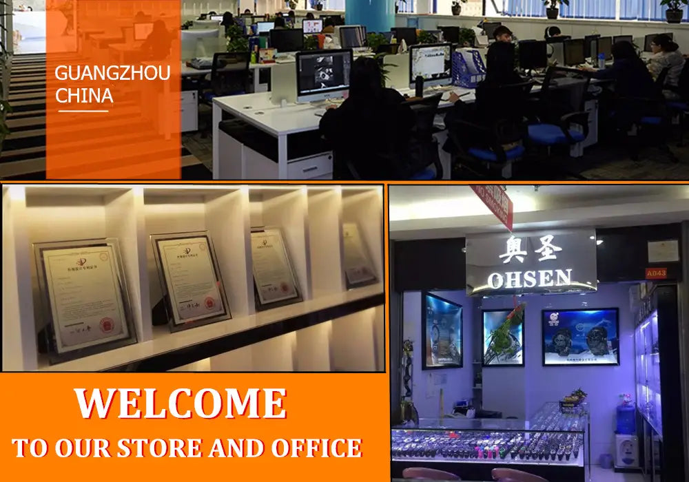the image shows a collage with an office environment, framed certificates on shelves, and a storefront interior featuring illuminated ohsen signage above jewelry displays alongside a kids waterproof digital sports watch in purple.