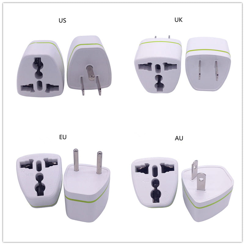 White plastic universal travel adapter set with green accent trim featuring US UK EU and AU plug configurations for the 3 in 1 breakfast station coffee maker and toaster oven product.